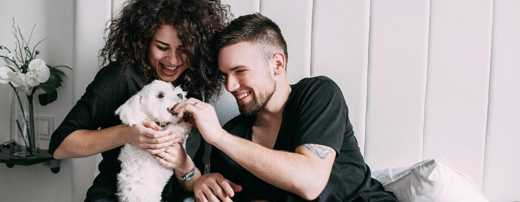 a man and woman sitting on a bed playing with a dog