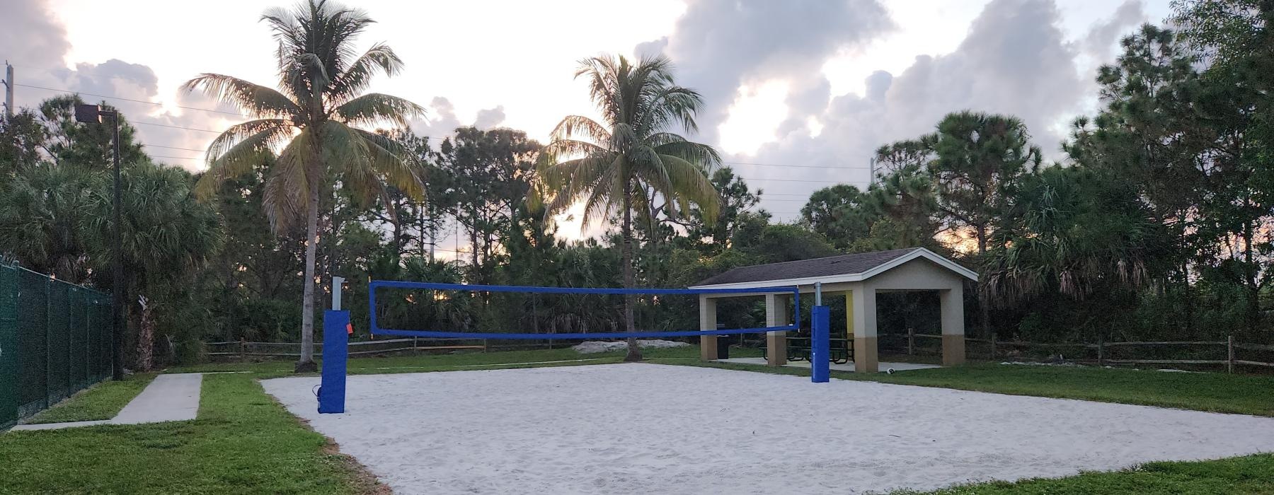 a volleyball court with trees around it